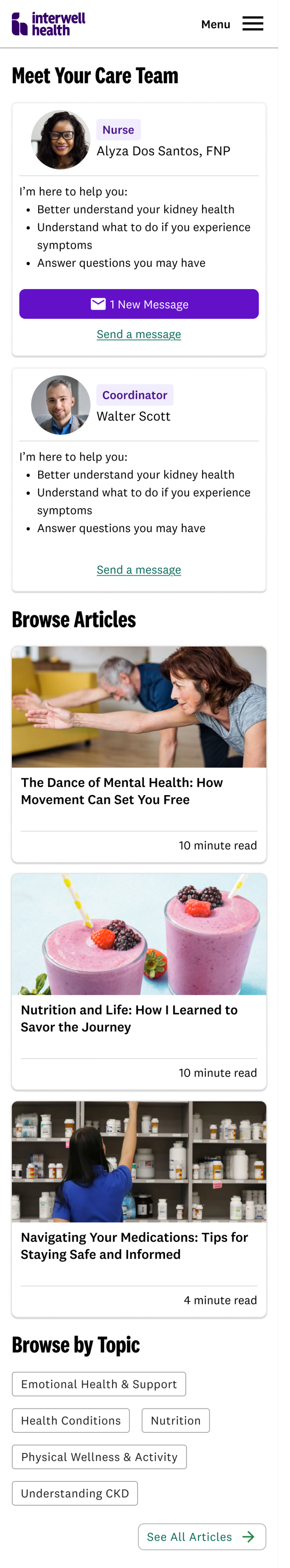 MyInterwell patient portal — care team and articles screens